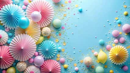 Fototapeta premium A Festive Arrangement of Pastel Paper Fans, Confetti, and Orbs on a Light Blue Background