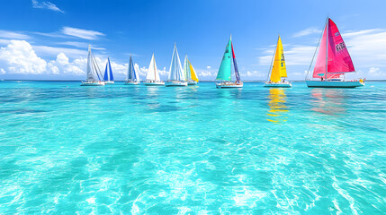 Obraz premium Colorful Sailboats on Clear Tropical Waters Under Bright Blue Sky