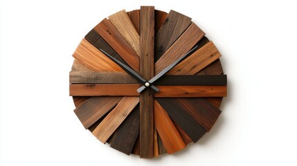This striking wooden clock features a unique design using various wood textures and shades, perfect for adding a rustic touch to any living space or office environment.