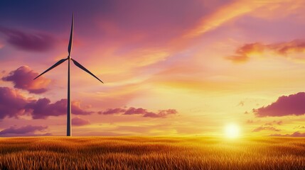Obraz premium A serene sunset scene featuring a wind turbine amidst golden fields, highlighting renewable energy and nature's beauty.