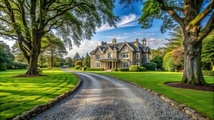Naklejka premium A winding gravel driveway leads to a grand stone house with a lush green lawn and mature trees on either side.