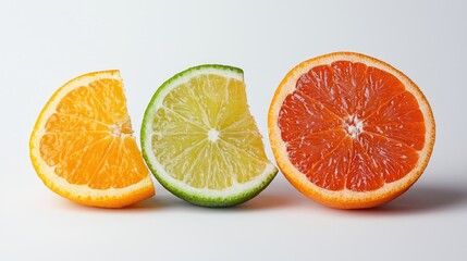 Fototapeta premium Slices of fresh orange, lime, and grapefruit arranged in a row on a clean white studio background.