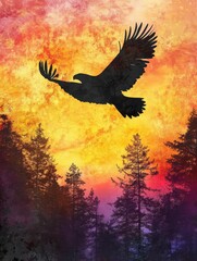 Fototapeta premium Majestic Eagle Soaring Sunset - Silhouette of an eagle in flight against a vibrant sunset, silhouetted against a forest