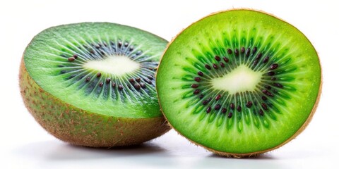 Fototapeta premium Two Halves of a Freshly Cut Kiwi Fruit, Displaying the Green Flesh and Black Seeds