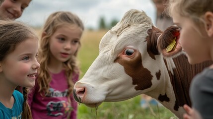 Fototapeta premium Children Exploring a Farm During a School Field Trip, Engaging with Animals and Nature in a Diverse Outdoor Learning Environment
