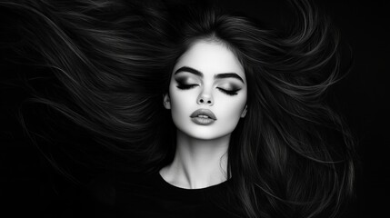 Fototapeta premium Serene young woman with long, dark hair, eyes closed, black and white portrait.