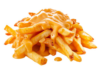 Hot and fresh cheese fries served with a side of ranch dipping sauce isolated on transparent background