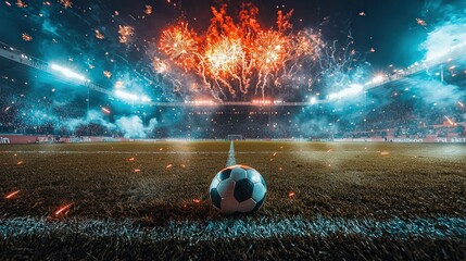 Soccer ball, stadium fireworks, celebration, night game