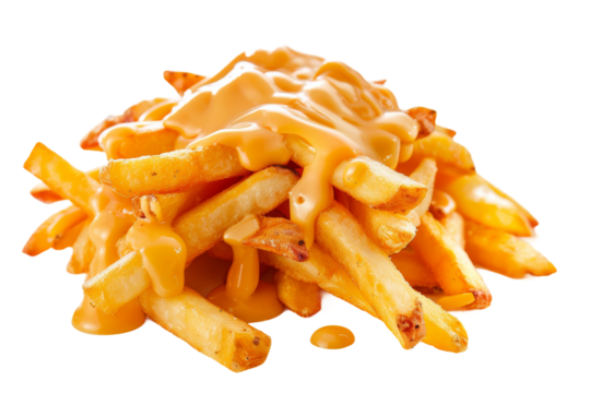 Hot and fresh cheese fries served with a side of ranch dipping sauce isolated on transparent background