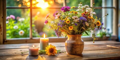 A Rustic Vase Filled with a Bouquet of Wildflowers, Illuminated by the Warm Glow of Two Burning Candles on a Wooden Table