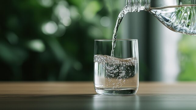 Refreshing water pouring into glass indoor setting beverage natural lighting close-up view hydration concept