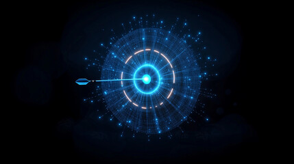 Obraz premium Smart goal setting, dart hit the center of dartboard glowing blue. Low polygon, particle, and triangle style design.Wireframe light connection structure Smart goal setting