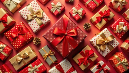 A Festive Arrangement of Wrapped Gifts with Red and Gold Accents, Celebrating the Joy of Giving and the Magic of the Holiday Season