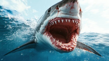 Naklejka premium A breathtaking view of a great white shark breaching out of the ocean with a wide-open mouth, showcasing its fierce teeth and powerful physique in a captivating underwater scene.