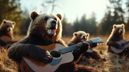 In a serene forest landscape, bears strum guitars joyfully, creating a whimsical scene where nature and music intertwine beautifully, inviting a sense of wonder and creativity.