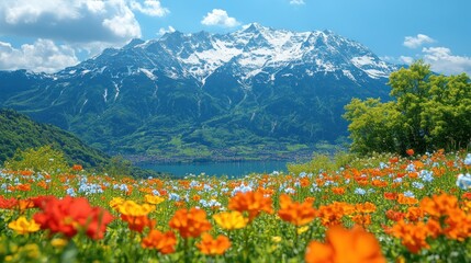 Alpine meadow flowers, lake, mountain, vibrant spring © HENNYSURYA