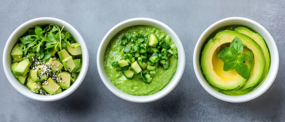 three avocado bowls: salad, puree, and slices