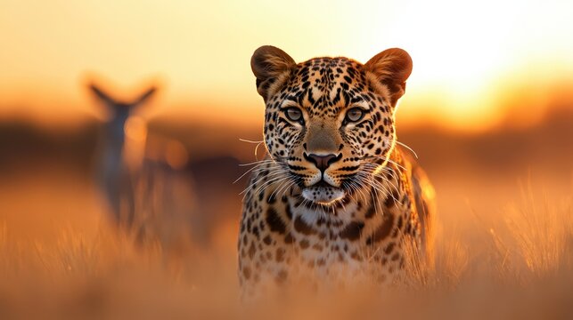 A captivating image of a leopard in the foreground, exhibiting its intensity and focus as it surveys the serene landscape at sunset, showcasing nature's majesty.