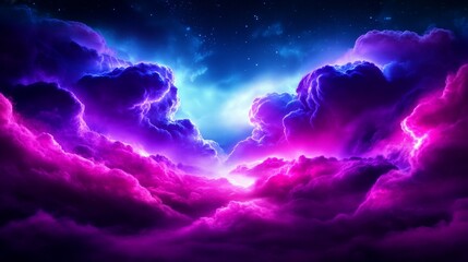 Obraz premium Neon Cloudscape at Night - Vibrant pink and blue neon clouds fill a night sky, creating a surreal and dreamy atmosphere
