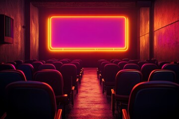 Fototapeta premium Neon Dreams Cinema: 3D - Empty cinema seats, neon sign, 3D , vibrant colors, cinematic atmosphere. Symbolizing anticipation, entertainment, solitude, dreams, and escape