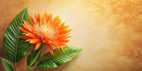 A vibrant orange blossom with lush green leaves against a textured golden background.