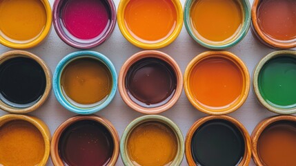 Collection of small bowls of different colors arranged in a grid-like pattern on a white surface. the bowls are of different sizes and shapes, with some being round and others being flat.