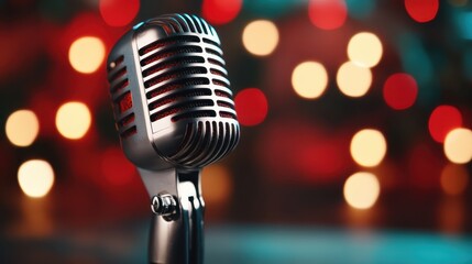 This image features a classic silver microphone in close-up, beautifully lit against a warm, festive background, highlighting its elegance and inviting atmosphere for performers.