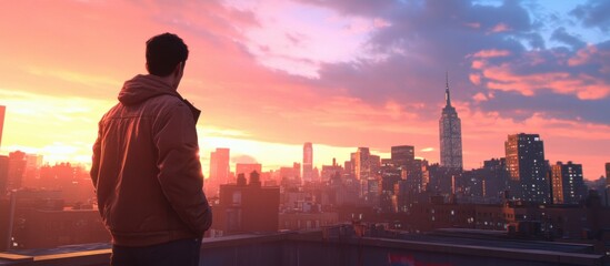 Man Standing on Rooftop Gazing at Sunset Over City Skyline