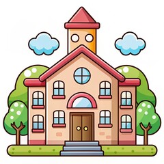 Fototapeta premium Cartoon school building, sunny day, educational illustration, learning