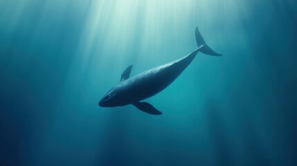 Fototapeta premium whale swimming underwater with sun rays