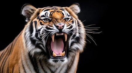 Fototapeta premium A powerful and intense close-up of a roaring tiger showcases its impressive teeth and fierce expression, capturing the essence of wildlife's raw beauty and ferocity.