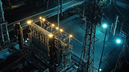 Night View Electrical Substation High Voltage Transformers - Powerful energy, illuminated infrastructure, industrial strength, technological advancement, nocturnal scene