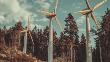 Three wind turbines in a forested area. the turbines are tall and slender, with three blades that are pointed upwards. they are standing on a rocky hillside with trees in the background.