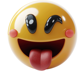 yellow smiley face with the tongue sticking out, 3D rendering, white background