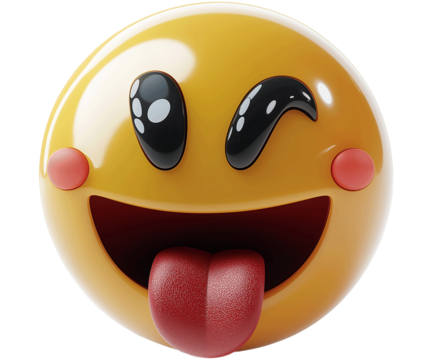 yellow smiley face with the tongue sticking out, 3D rendering, white background