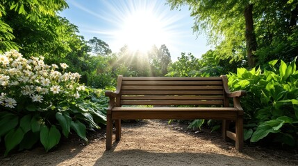 Obraz premium A beautifully illuminated garden bench sits amidst vibrant flowers and greenery, inviting moments of reflection and relaxation in a peaceful outdoor setting.