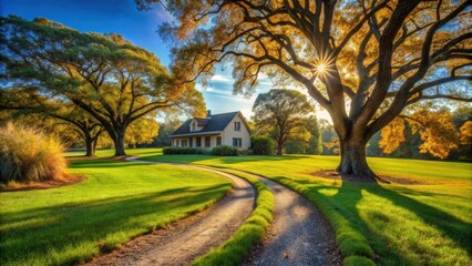 Obraz premium A winding gravel path leads to a quaint cottage nestled amidst lush green grass and a canopy of golden autumn leaves, bathed in the warm glow of a setting sun.