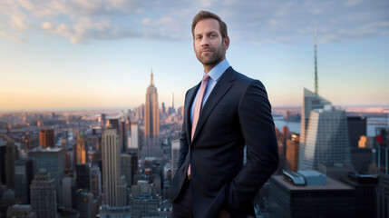 Fototapeta premium Confident Businessman Posing with Manhattan Skyline at Sunset
