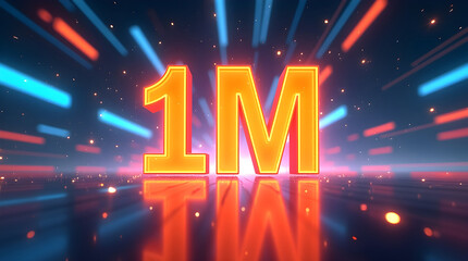 Vibrant 1M YouTube milestone digital illustration with glowing text, dynamic light streaks, and celebratory energy against dark background