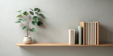 A simple wooden shelf with a leafy green plant and a collection of books, creating a minimalist and organized display.