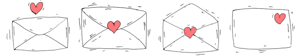 Hand drawn doodle set of letters with red hearts