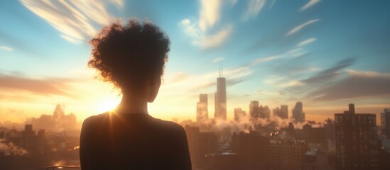 Fototapeta premium Woman Silhouette Against Beautiful City Skyline at Sunset Sky