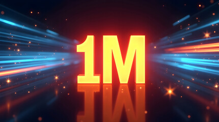 Vibrant 1M YouTube milestone digital illustration with glowing text, dynamic light streaks, and celebratory energy against dark background