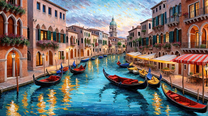 Obraz premium Venice canals with gondolas atmospheric landscape, oil painting style illustration