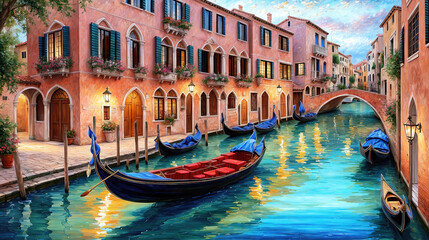 Obraz premium Venice canals with gondolas atmospheric landscape, oil painting style illustration