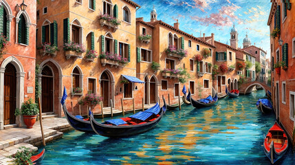 Obraz premium Venice canals with gondolas atmospheric landscape, oil painting style illustration