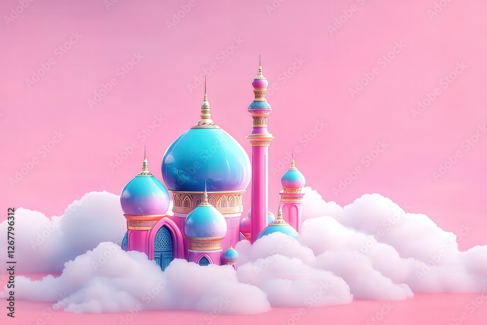 Fototapete surreal digital art of a floating island mosque with cotton candy textures and playful vibes