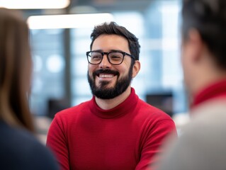 smiling man in a red turtleneck talking to coworkers