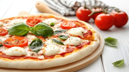 <Delicious Italian Pizza with Fresh Mozzarella, Tomatoes, and Basil - Traditional Homemade Savory Dish>