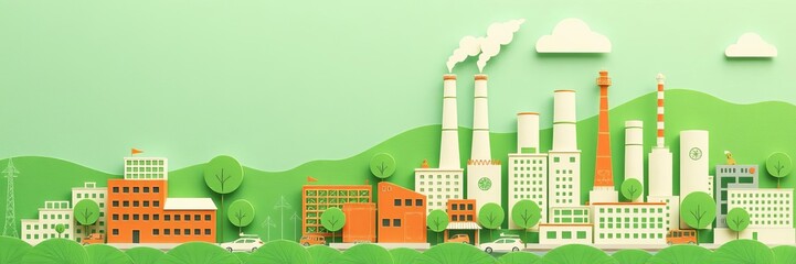 Green eco city and life paper art style urban landscape with industrial factory buildings in vector illustration, green, buildings, life